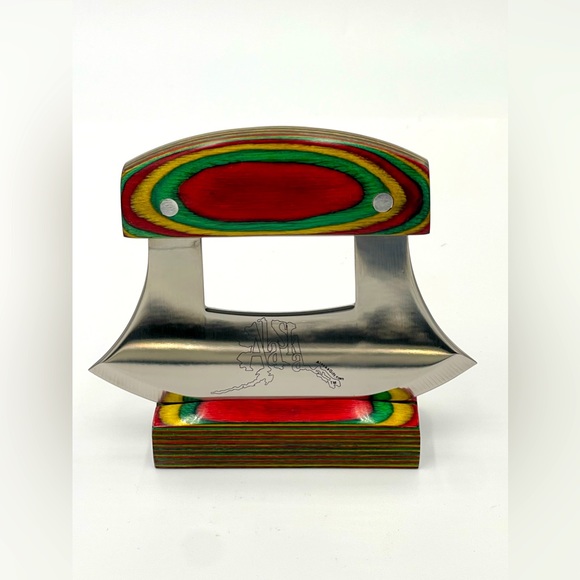 Alaska Ulu Knife Natural Exotic Wood Stand Etched Blade - Picture 1 of 4